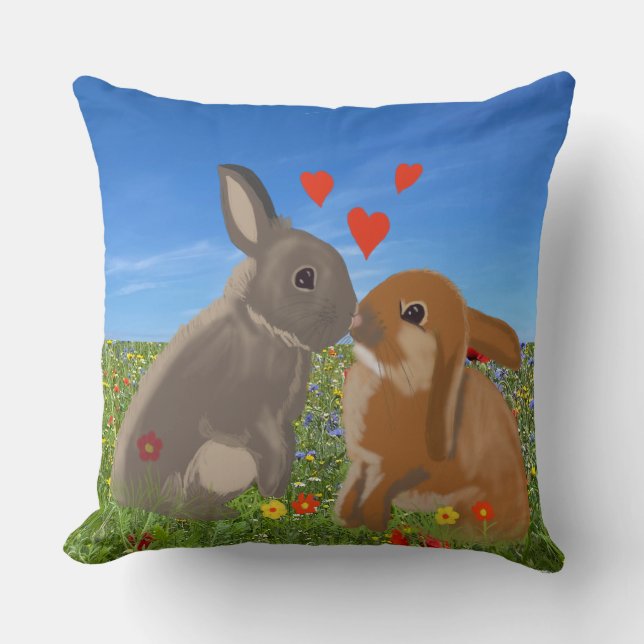 Coussin Cute Kissing Bunnies Valentines (Recto)