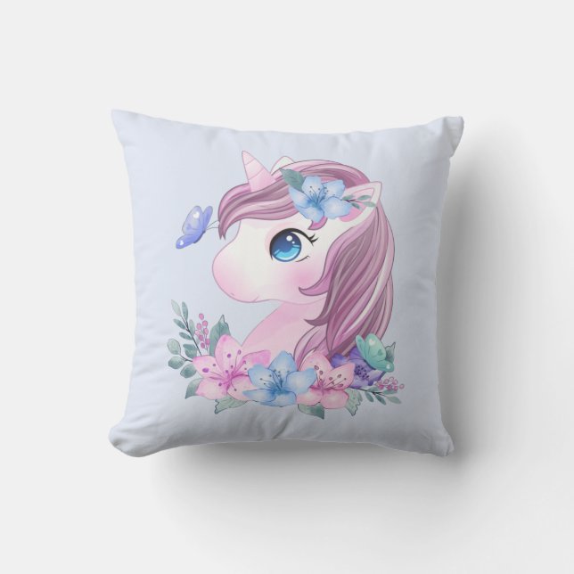Coussin Cute & Magique Baby Unicorne avec gros yeux (Recto)