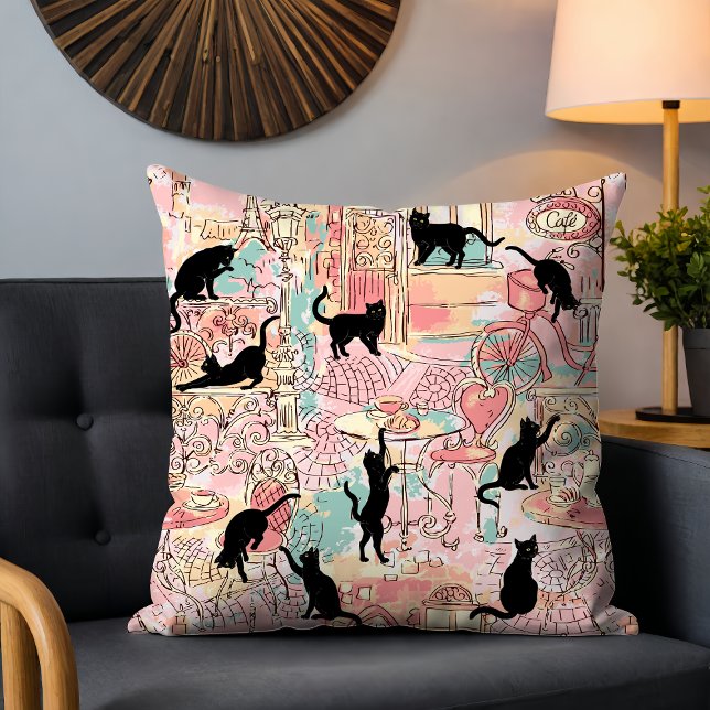 Coussin Cute Moderne Aquarelle Paris Café Motif Chat (Créateur téléchargé)