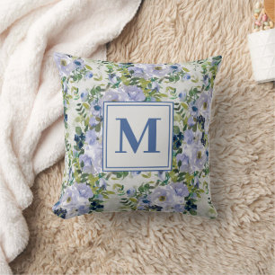 Coussin Cute Navy Blue Dusty Blue Floral Blanc Monogramme