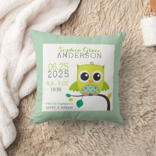 Coussin Cute Owl Birth Stats Keepsaké Baby Nursery