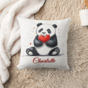 Coussin Cute Panda Holding Heart avec nom personnalisable