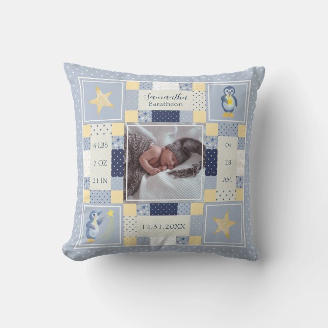 Coussin Cute Penguin Quilt Baby Stats de naissance Personn (Recto)