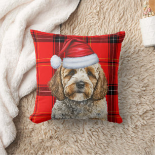 Coussin Cute Père Noël Cockapoo Chien sur Red Plaid Noël