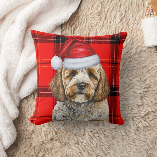 Coussin Cute Père Noël Cockapoo Chien sur Red Plaid Noël (Couverture)