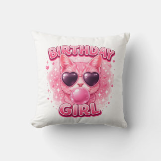 Coussin Cute Pink Cat Birthday Girl Heart Sunglasses