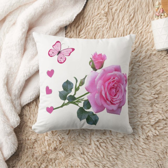 Coussin Cute Pink Rose Butterfly Hearts Throw Pillow  (Couverture)