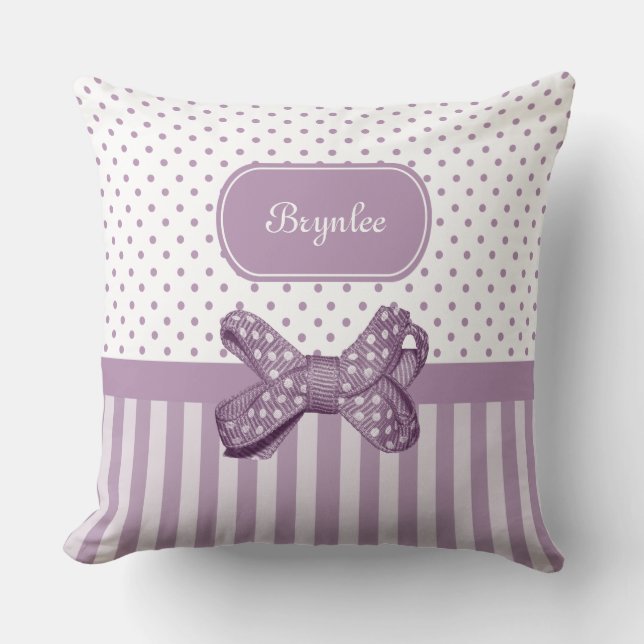 Coussin Cute Polka Dot Bow Girls Lavender Stripes et Nom (Recto)