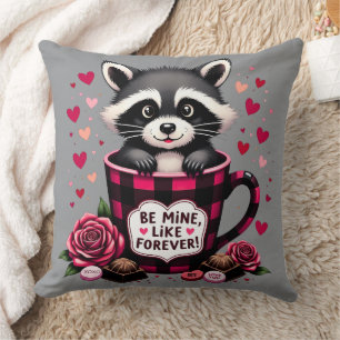 Coussin Cute Raccoon Valentine Buffalo Plaid