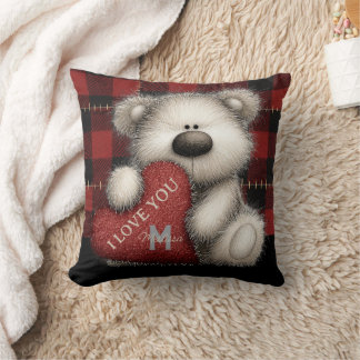 Coussin Cute Red Plaid Bear I Love You Custom Monogram