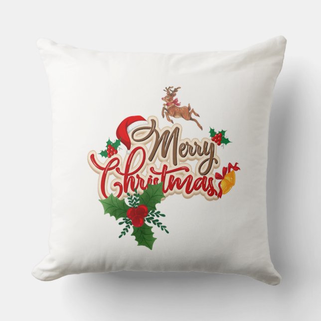Coussin Cute Reindeer & Santa Hat Joyeux Noël (Recto)