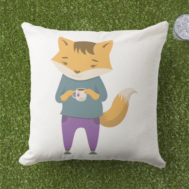 Coussin Cute renard avec tasse de thé (Herbe)