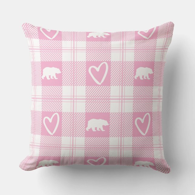 Coussin Cute rose & blanc Ours et flanelle du coeur Plaid (Recto)