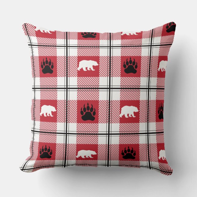 Coussin Cute rouge blanc et noir ours et Motif à plaid (Recto)
