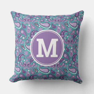 Coussin Cute Shabby Chic Purple et bleu Paisley Monogramme