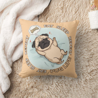 Coussin Cute Sleeping Pug Dreaming of Treats Throw Pillow 