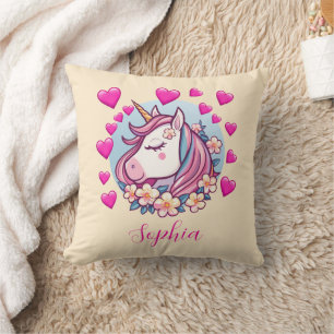 Coussin Cute Unicorn, Coeurs et Fleurs Roses, Nom, Crème