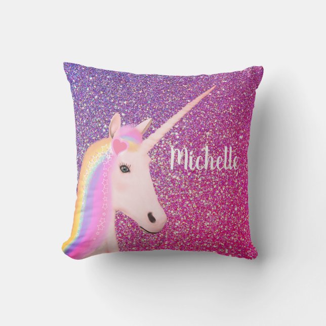 Coussin Cute Unicorn Parties scintillant violette rose Omb (Recto)