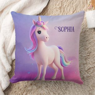 Coussin Cute Unicorne Blanche Avec Rose & Bleu Mane