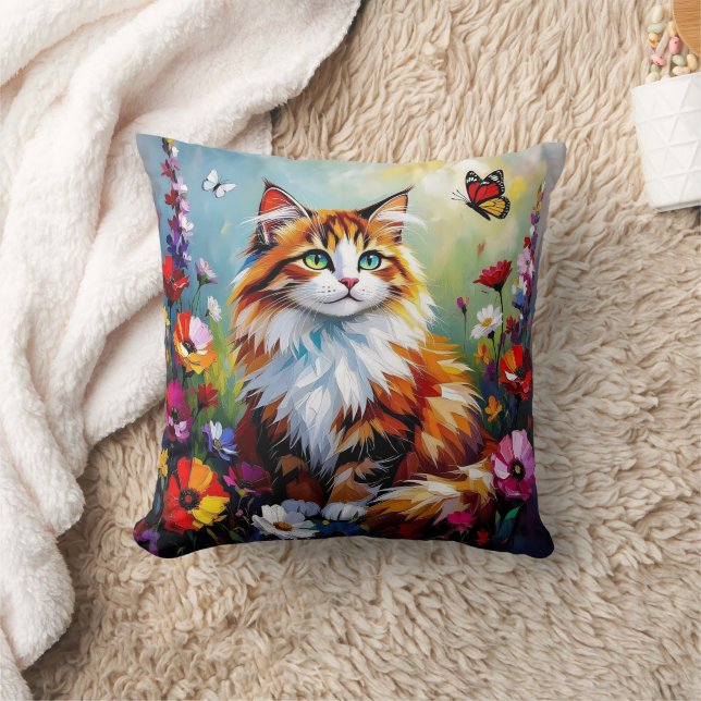 Coussin Cute Whimsical  Cat, Flowers and Butterflies (Couverture)