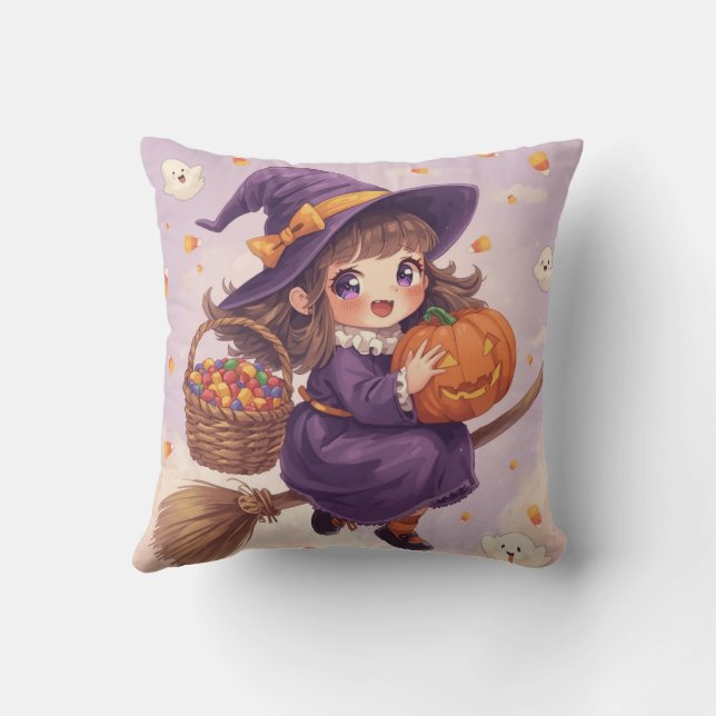 Coussin Cute Witch with Pumpkin Halloween Pillow (Verso)