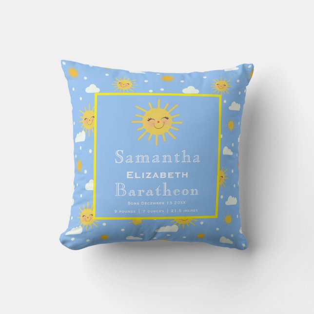 Coussin Cute Yellow Sunshine Personnalisé Baby Birth Stat (Recto)