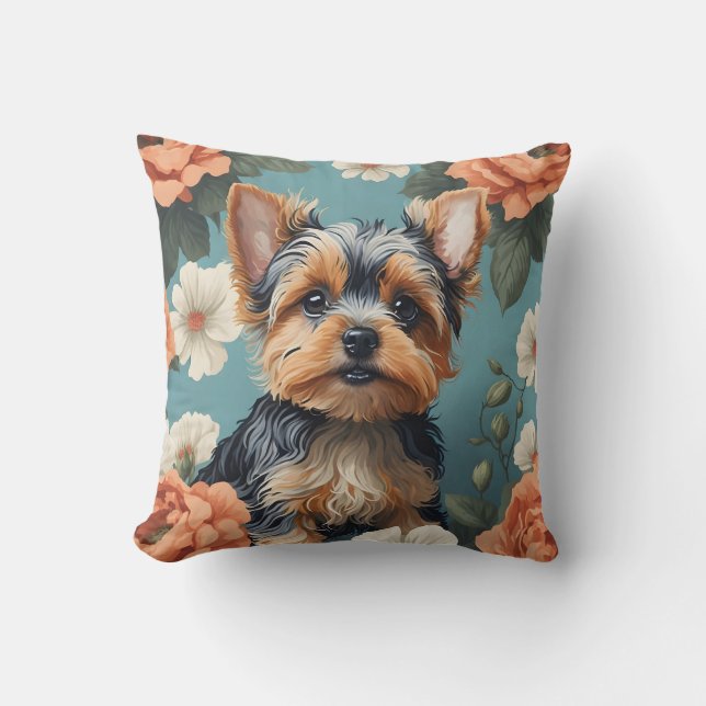 Coussin Cute Yorkshire Terrier Puppy Floral (Recto)