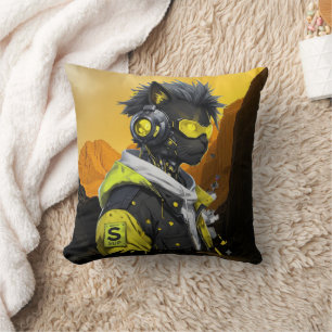 Coussin Cyber Cat Chat Hacker Néon Futuriste Cyberpunk