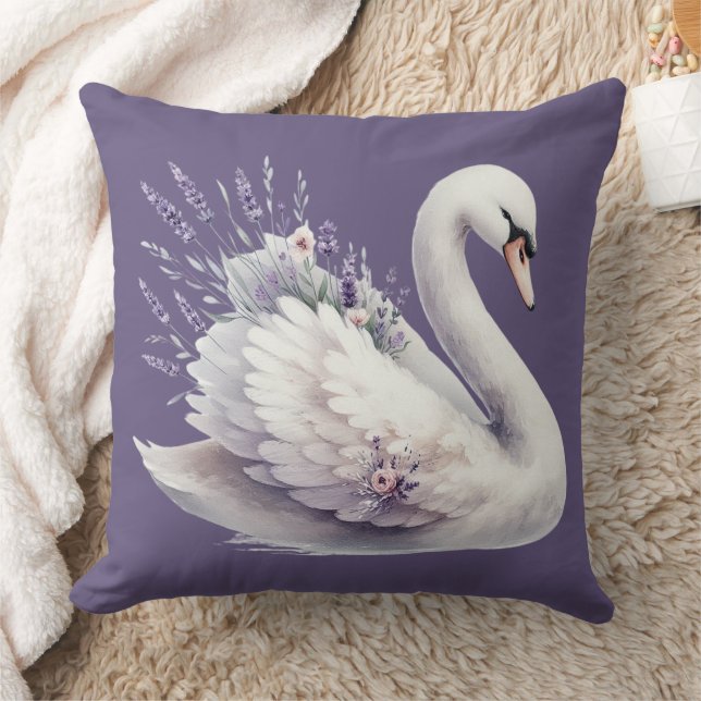 Coussin Cygne aquarelle avec fleurs de lavande (Couverture)