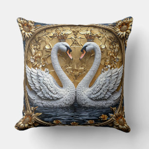 Coussin Cygne Royal Couronné Or Luxueux Élégant Romantique