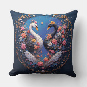 Coussin Cygnes Formant un Cœur – Élégant Floral Romantique