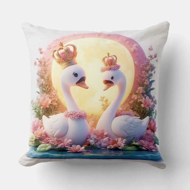 Coussin Cygnes romantiques décorés de fleurs (Recto)