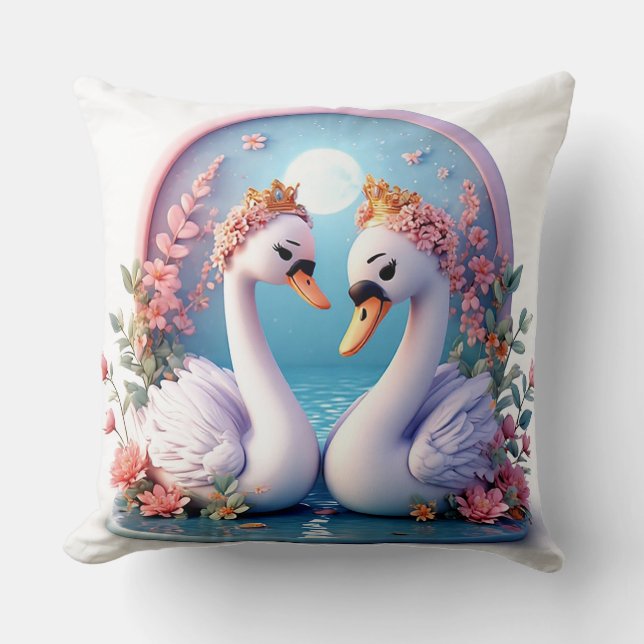 Coussin Cygnes Romantiques Décorés de Fleurs (Recto)