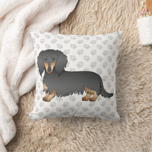 Coussin Dachshund à cheveux longs noir et tan caricature C