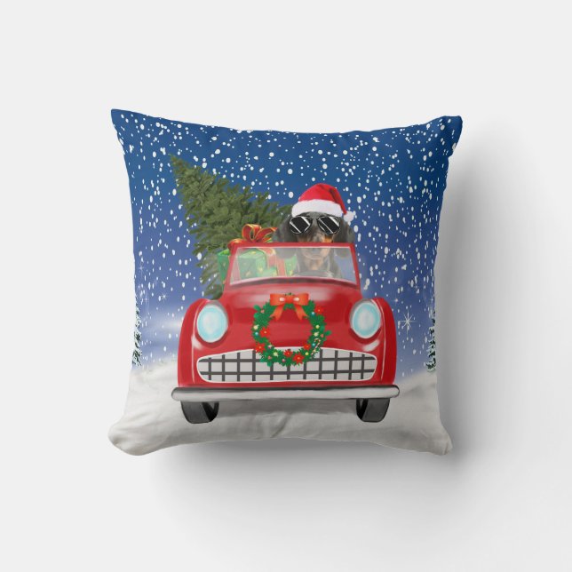 Coussin Dachshund Chien Conduite Voiture En Noël De Neige (Recto)