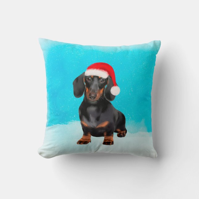 Coussin Dachshund Chien dans le Casquette de Noël de neige (Recto)