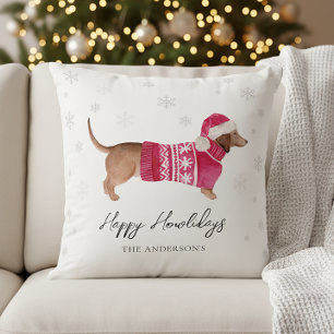 Coussin Dachshund Chien Wiener Aquarelle Fête de Noël