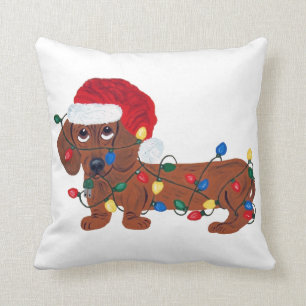 Coussin Dachshund emmêlé dans les lumières de Noël (Rouge)