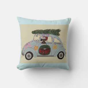 Coussin Dachshund noir et feu dans une voiture hippie à No