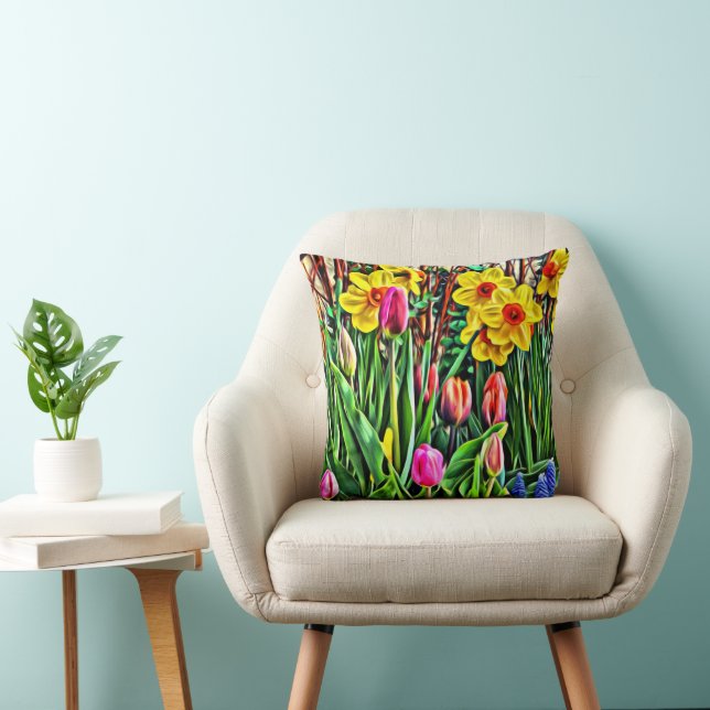 Coussin Daffodiques jaunes Tulipes pourpres Mascari bleu (Chaise)