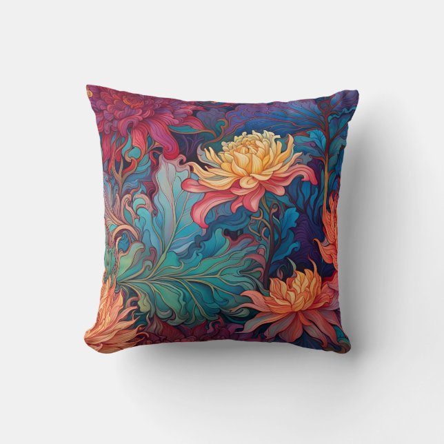 Coussin Dahlia Tapisserie Rouge bleu vert or Jeu d'oreille (Recto)