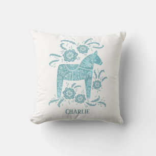 Coussin Dala Cheval Suédois Art Turquoise Nom personnalisé