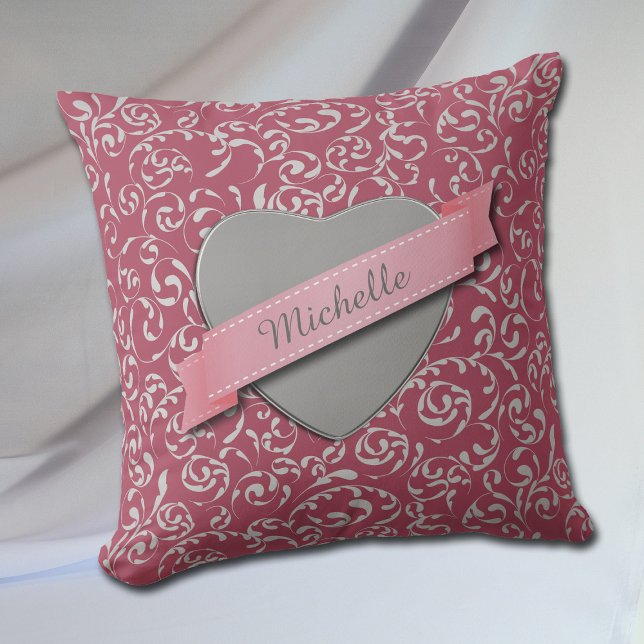 Coussin Damas du coeur d'argent sur rose Personnalisé (Créateur téléchargé)