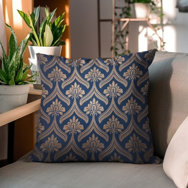 Coussin Damas Floral or sur bleu foncé (Créateur téléchargé)
