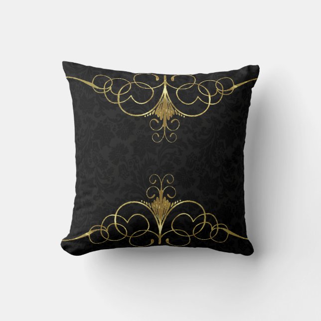 Coussin Damas florales noires et cadre Tourbillonnant or (Recto)