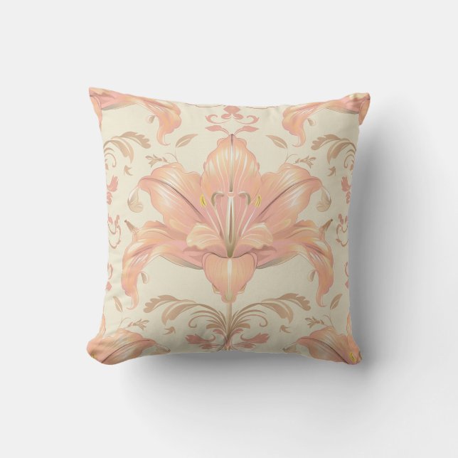 Coussin Damas texture luxueuse de fleur de lys de pêche (Recto)