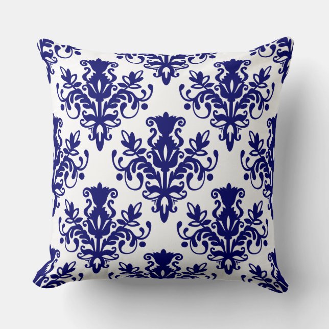 Coussin Damask 02 Motif - Deep Navy Blue sur blanc (Recto)
