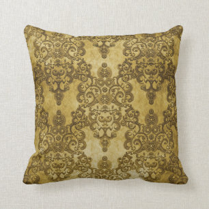 Coussin Damask Distressed Rustic Dark Yellow Gold