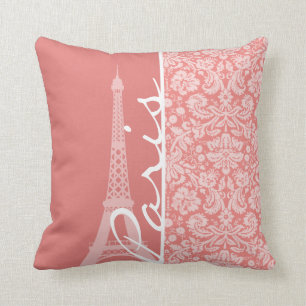 Coussin Damask En Corail Clair ; Paris ; Tour Eiffel