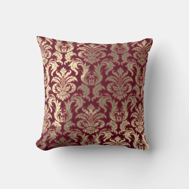 Coussin Damask Sepia Gold Metallic Bourgogne Velvet (Recto)